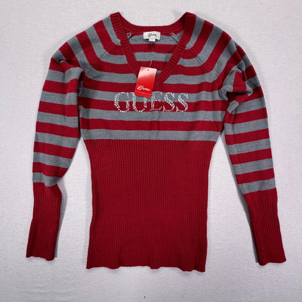 Guess Sweater Womens Large Red New Rhinestone Logo Striped V-Neck Y2K Knit
